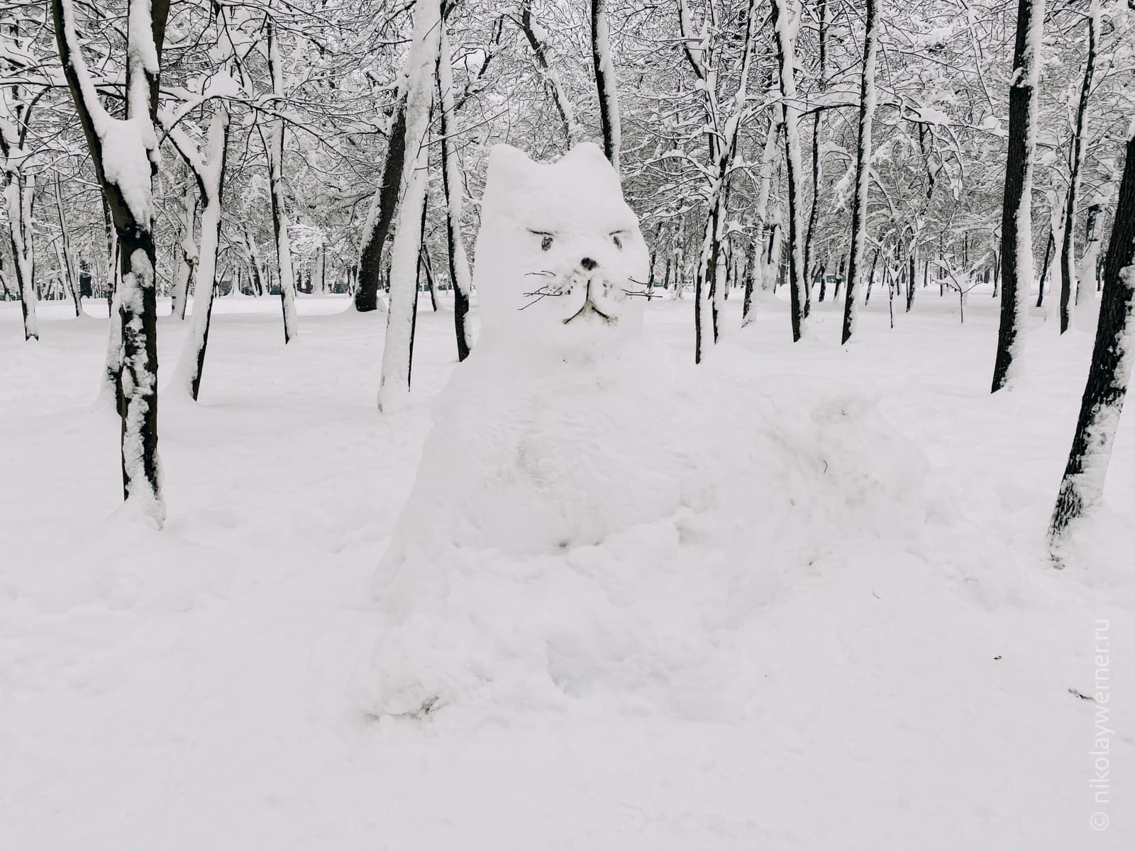 Снеговик в форме кота, с глазами и усами из веточек