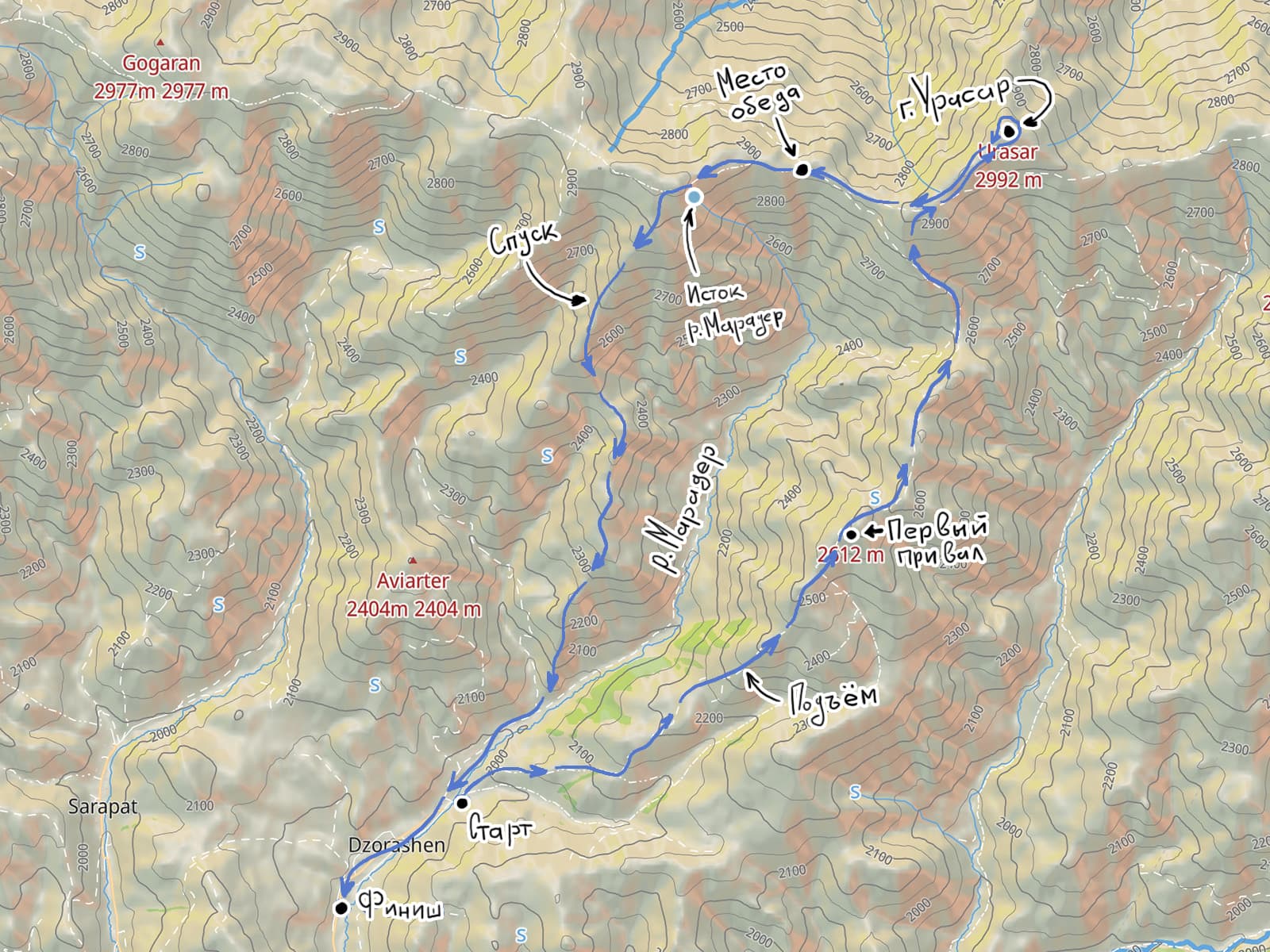 Карта похода изДзорашена нагору Урасар