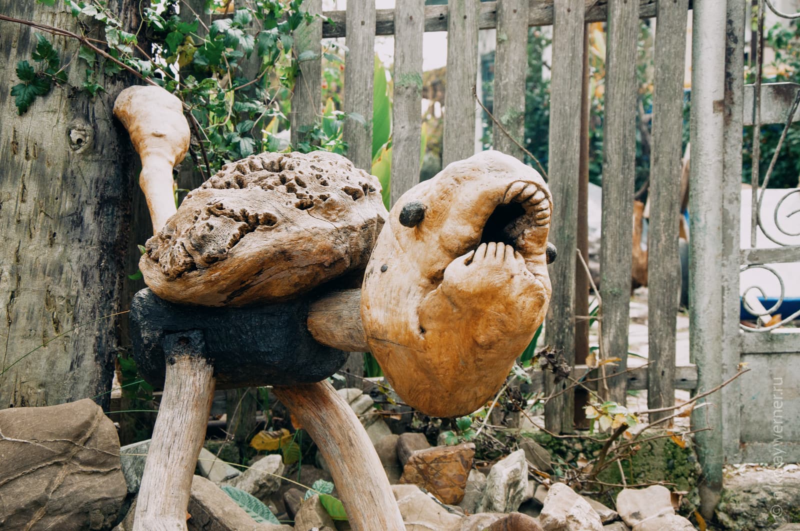Конструкция из палок и прочего лесного мусора, напоминающая динозавра, стоит у деревянного забора.